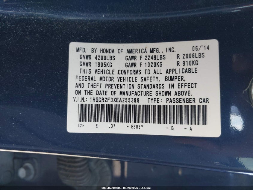 2014 HONDA ACCORD SEDAN 2.4L I-4 DI, DOHC, VVT, REGULAR , 185HP