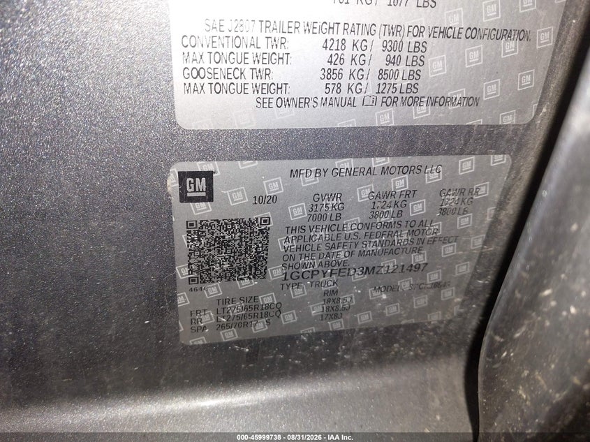 CHEVROLET SILVERADO 1500 2021 VIN 1GCPYFED3MZ121497