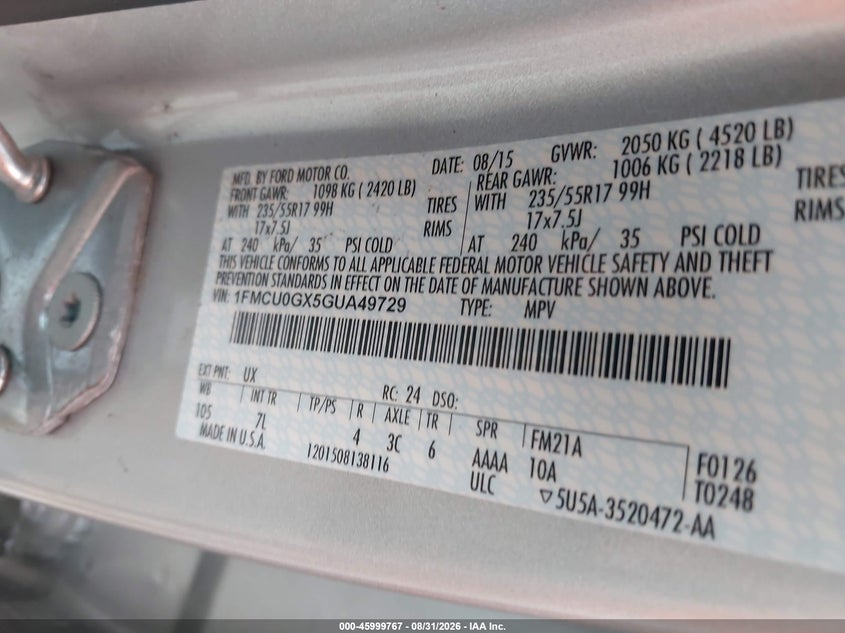 FORD ESCAPE 2016 VIN 1FMCU0GX5GUA49729