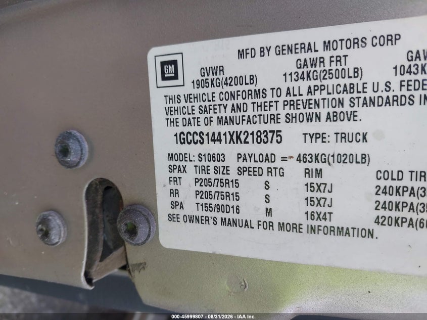 CHEVROLET S-10 1999 VIN 1GCCS1441XK218375