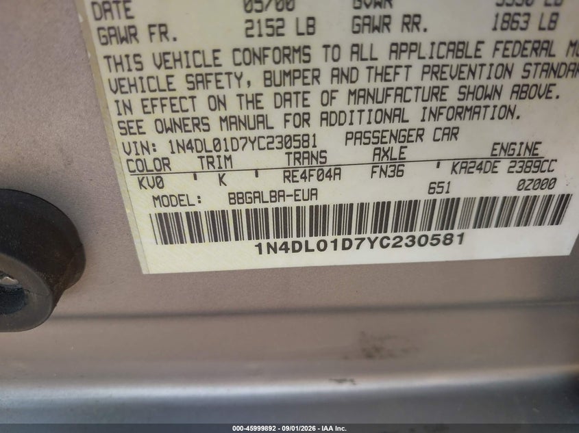 2000 NISSAN ALTIMA SEDAN 2.4L I-4 DOHC, REGULAR , 155HP