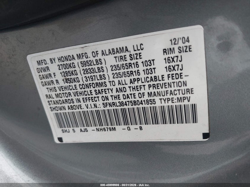 2005 HONDA ODYSSEY VAN 3.5L V-6 VVT, REGULAR , 255HP