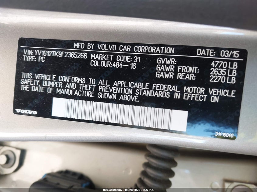 VOLVO S60 2015 VIN YV1612TK9F2365266