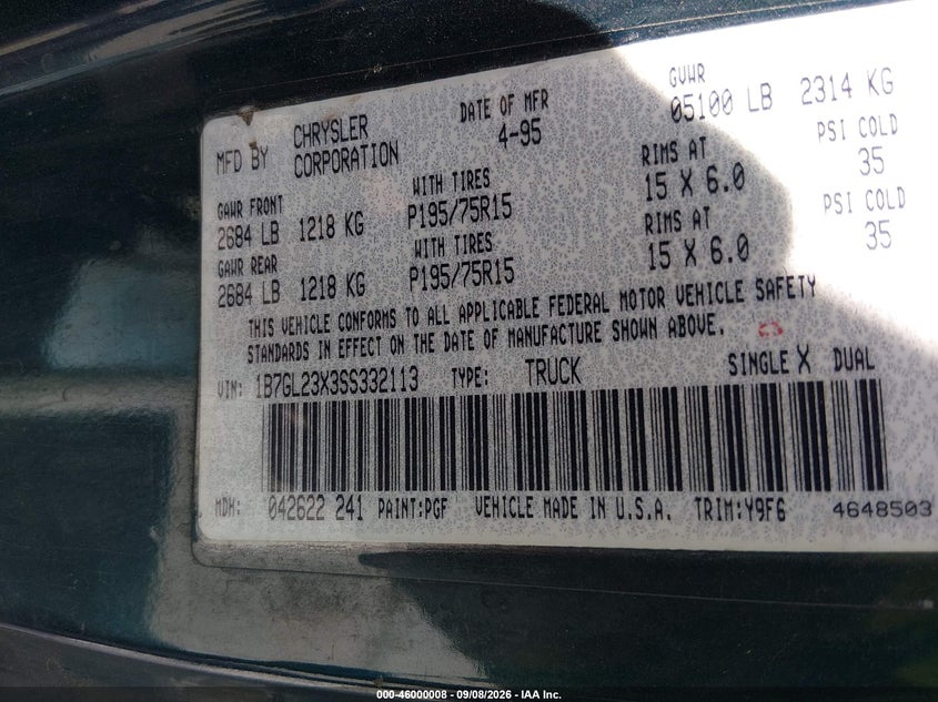 DODGE DAKOTA 1995 VIN 1B7GL23X3SS332113