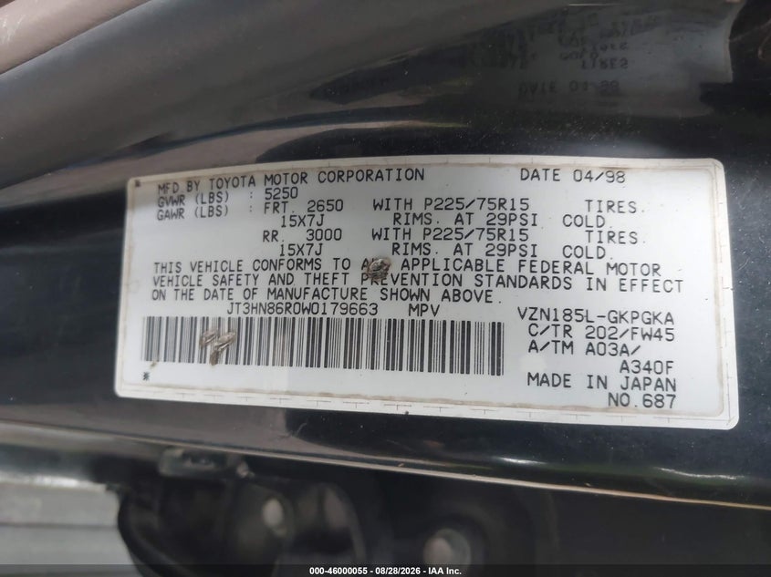 TOYOTA 4RUNNER 1998 VIN JT3HN86R0W0179663