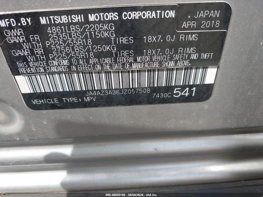 MITSUBISHI OUTLANDER 2018 VIN JA4AZ3A36JZ057508