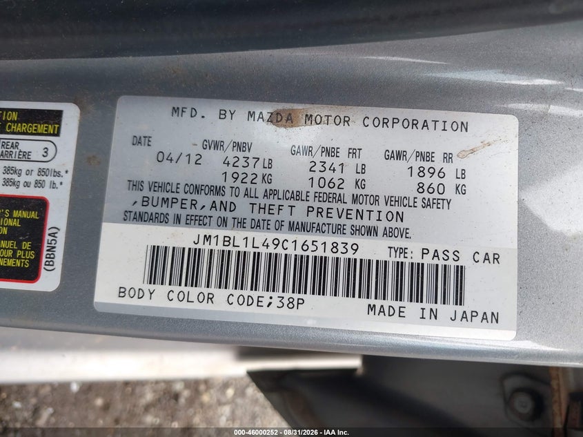 MAZDA MAZDASPEED3 2012 VIN JM1BL1L49C1651839