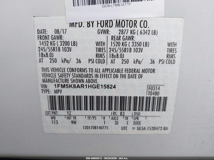 FORD UTILITY POLICE INTERCEPTOR 2017 VIN 1FM5K8AR1HGE15824