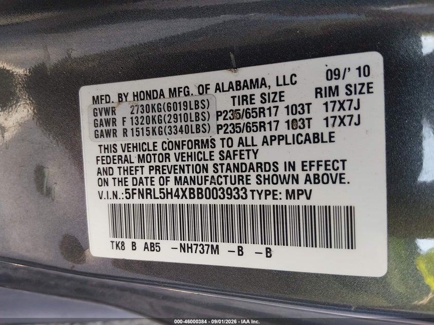 HONDA ODYSSEY 2011 VIN 5FNRL5H4XBB003933