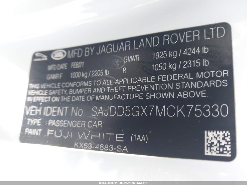 JAGUAR F-TYPE 2021 VIN SAJDD5GX7MCK75330