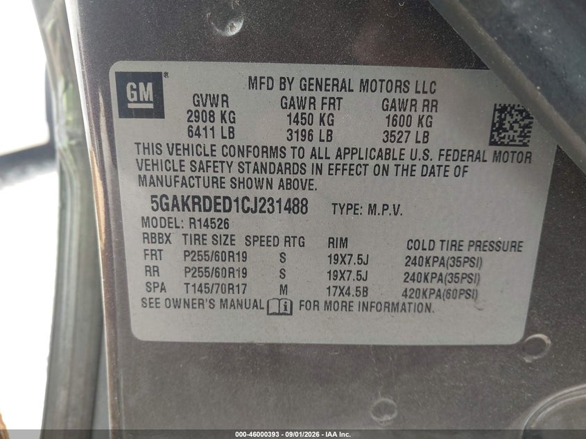 BUICK ENCLAVE 2012 VIN 5GAKRDED1CJ231488