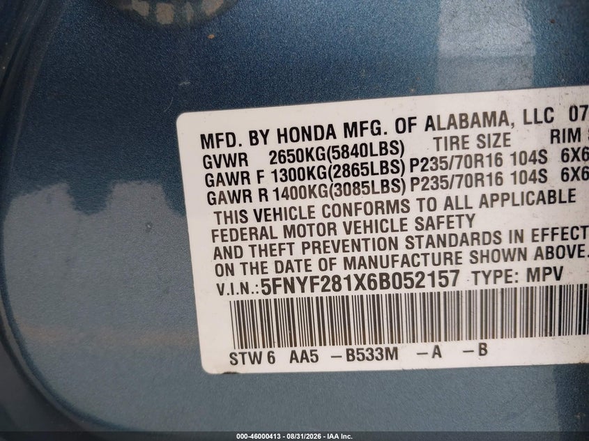 HONDA PILOT 2006 VIN 5FNYF281X6B052157