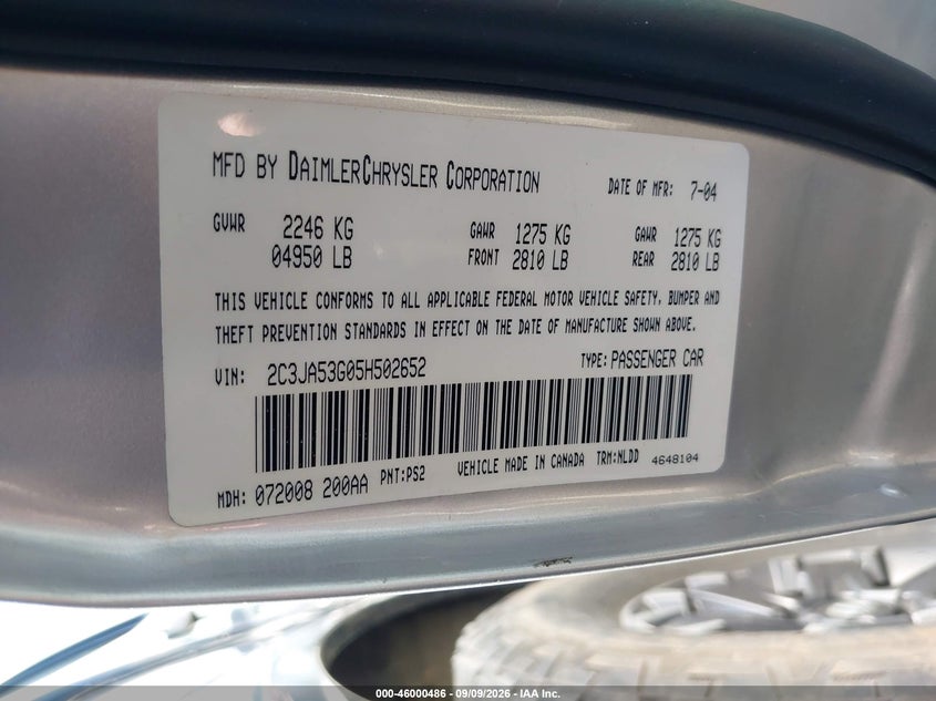 CHRYSLER 300 2005 VIN 2C3JA53G05H502652