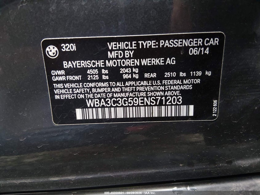 2014 BMW 3ER SEDAN 2.0L I-4 DI, DOHC, VVT, TURBO, PREMIUM , 180HP