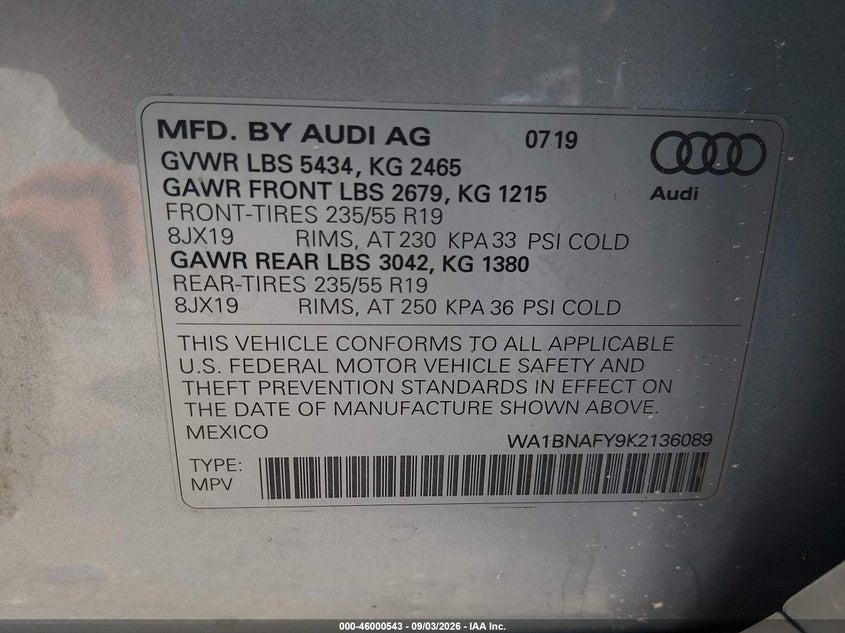 AUDI Q5 2019 VIN WA1BNAFY9K2136089