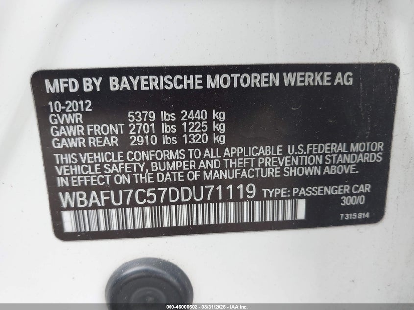 BMW 535I 2013 VIN WBAFU7C57DDU71119