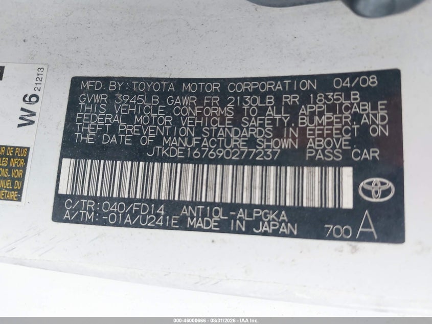 SCION TC 2009 VIN JTKDE167690277237