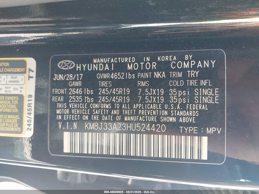 HYUNDAI TUCSON 2017 VIN KM8J33A23HU524420