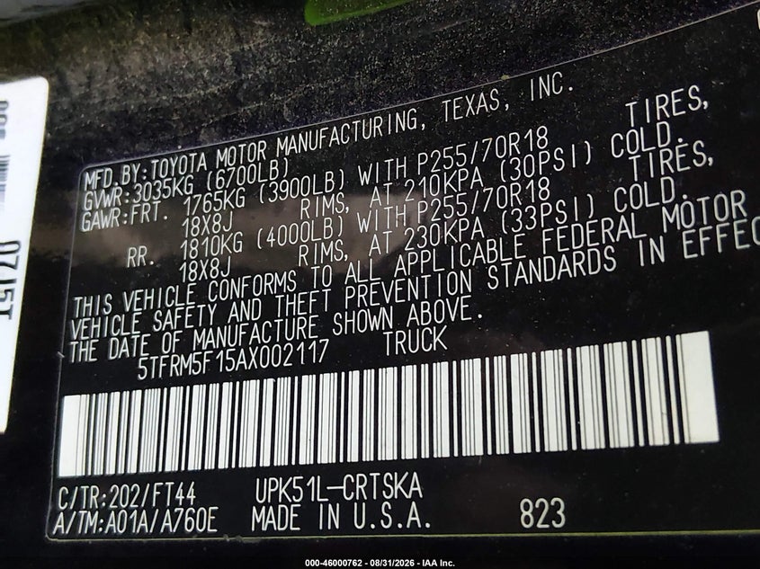 TOYOTA TUNDRA 2010 VIN 5TFRM5F15AX002117