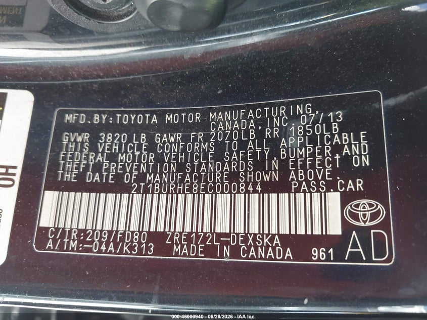 2014 TOYOTA COROLLA SEDAN 1.8L I-4 DOHC, VVT, REGULAR , 132HP