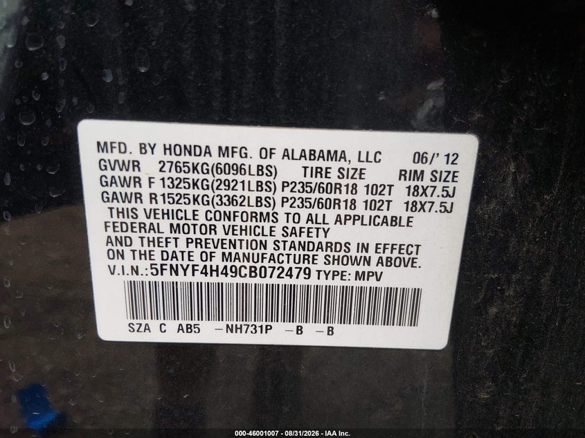 HONDA PILOT 2012 VIN 5FNYF4H49CB072479