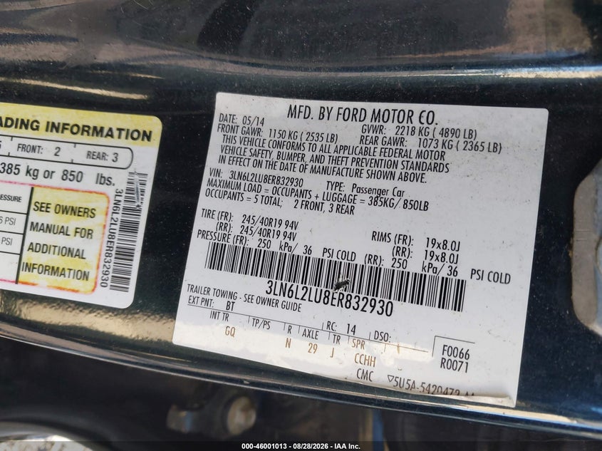 2014 LINCOLN MKZ SEDAN 2.0L I-4 DOHC, VVT, REGULAR , 141HP