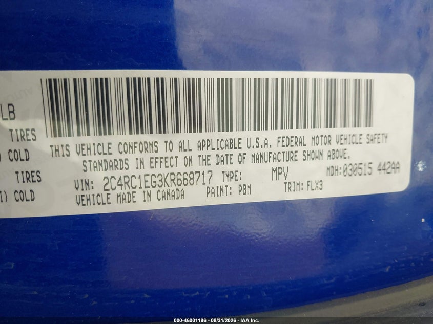 CHRYSLER PACIFICA 2019 VIN 2C4RC1EG3KR668717