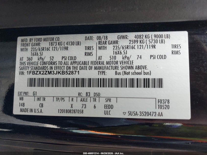 2018 FORD TRANSIT WAGON 3.7L V-6 DOHC, VVT, REGULAR , 275HP