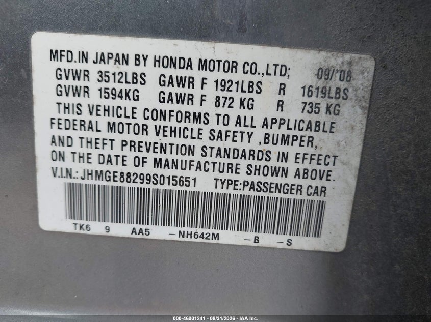 HONDA FIT 2009 VIN JHMGE88299S015651