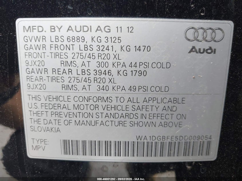AUDI Q7 2013 VIN WA1DGBFE5DD009054