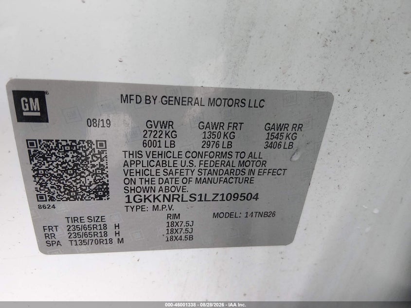 GMC ACADIA 2020 VIN 1GKKNRLS1LZ109504