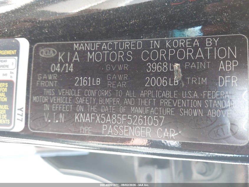 KIA FORTE 2015 VIN KNAFX5A85F5261057
