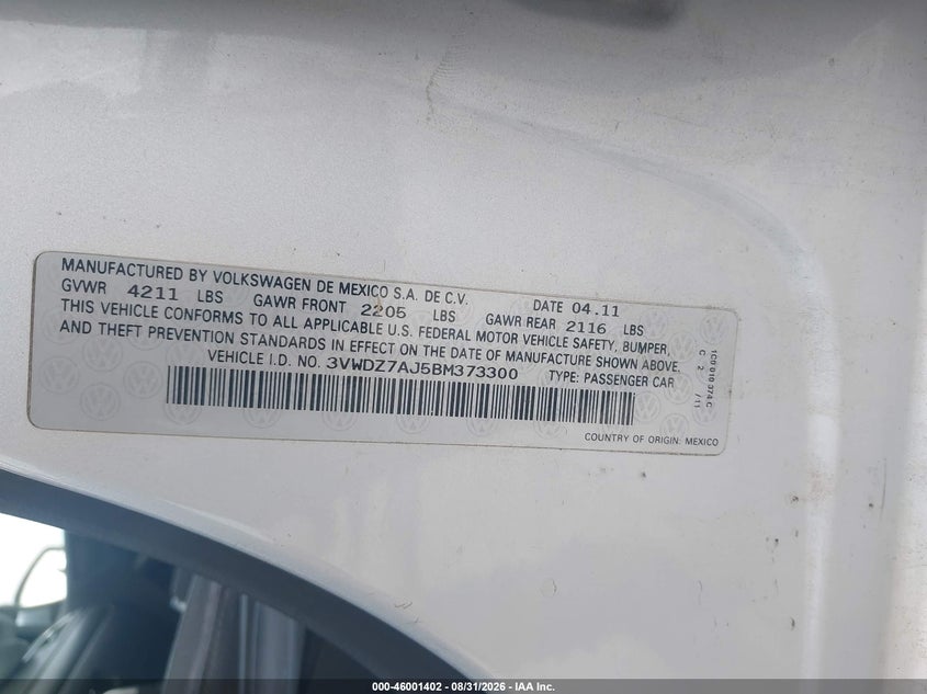 VOLKSWAGEN JETTA 2011 VIN 3VWDZ7AJ5BM373300