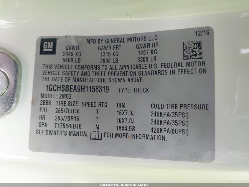 CHEVROLET COLORADO 2017 VIN 1GCHSBEA9H1158319
