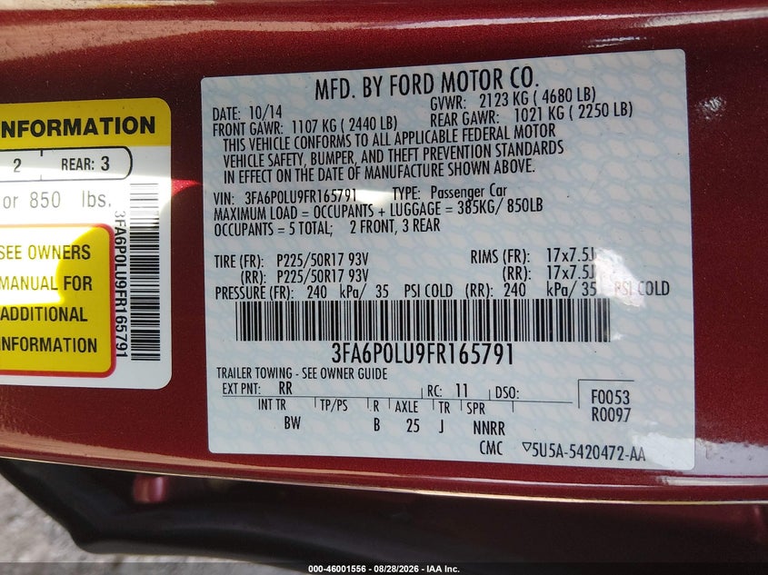 2015 FORD FUSION SEDAN 2.0L I-4 DOHC, VVT, REGULAR , 141HP