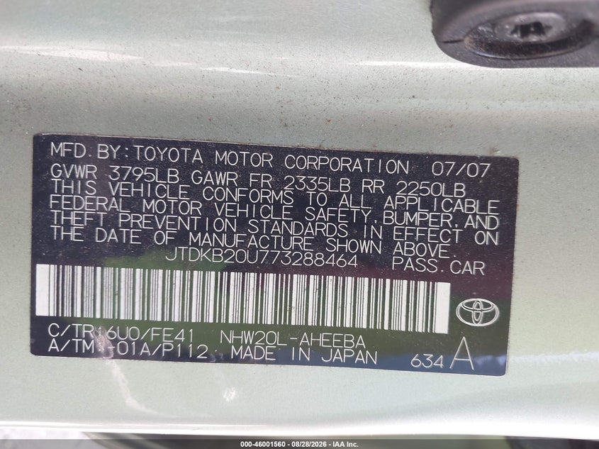 TOYOTA PRIUS 2007 VIN JTDKB20U773288464