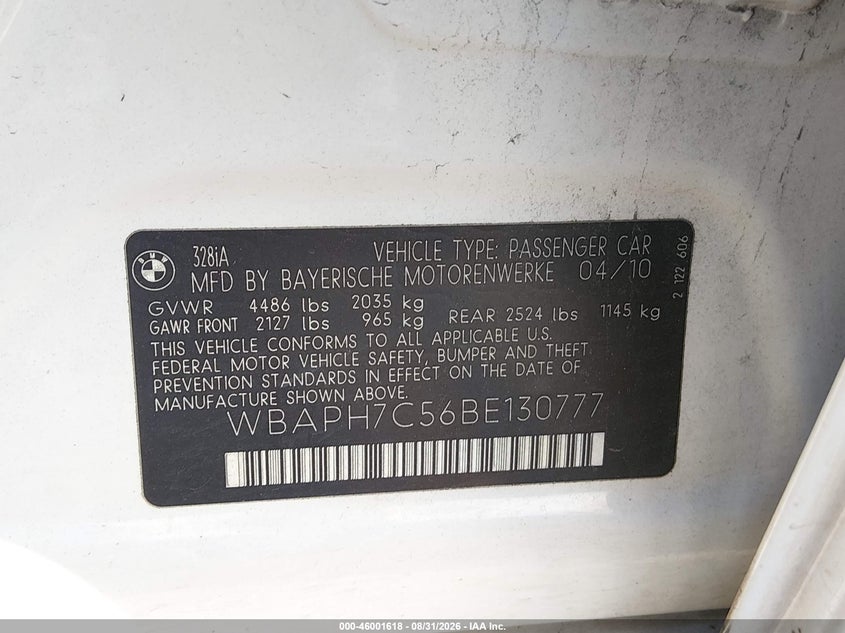 BMW 328I 2011 VIN WBAPH7C56BE130777