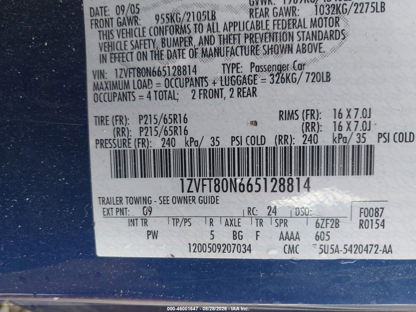 FORD MUSTANG 2006 VIN 1ZVFT80N665128814