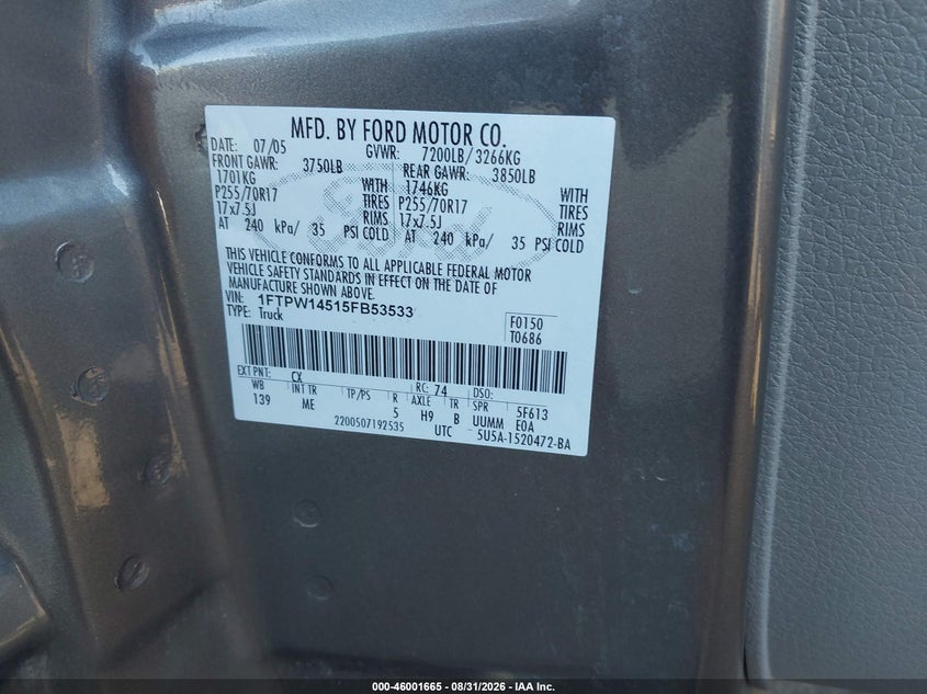 2005 FORD F-150 PICKUP 5.4L V-8 VVT, REGULAR , 300HP