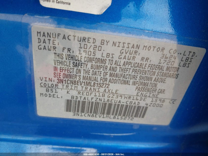 NISSAN VERSA 2021 VIN 3N1CN8EV1ML815272