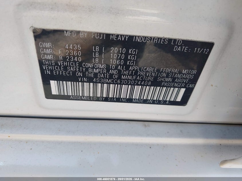 2013 SUBARU LEGACY SEDAN 2.5L H-4 DOHC, VVT, REGULAR , 173HP