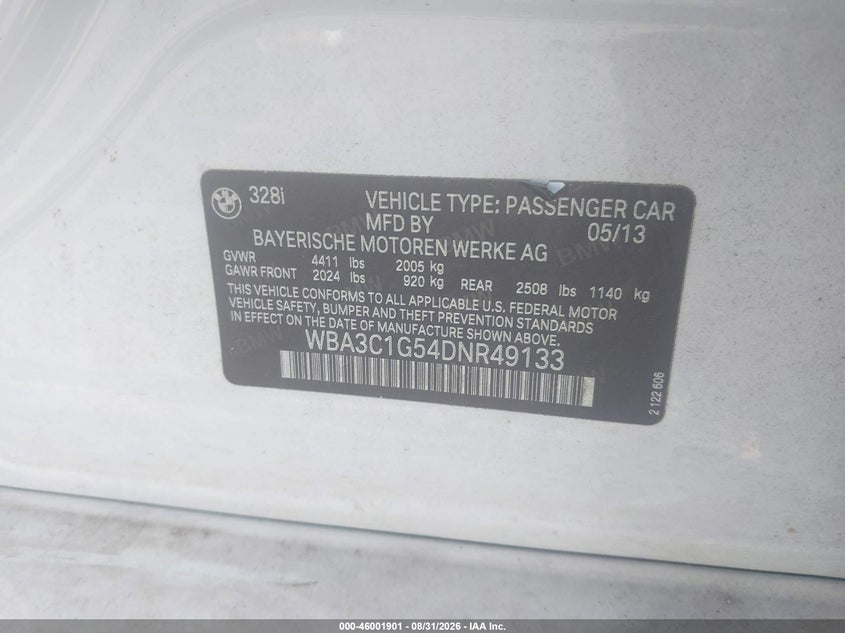 2013 BMW 3ER SEDAN 2.0L I-4 DI, DOHC, VVT, TURBO, PREMIUM , 240HP