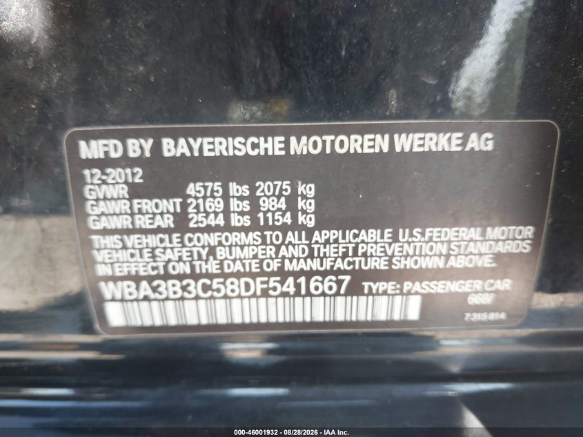 BMW 328I 2013 VIN WBA3B3C58DF541667