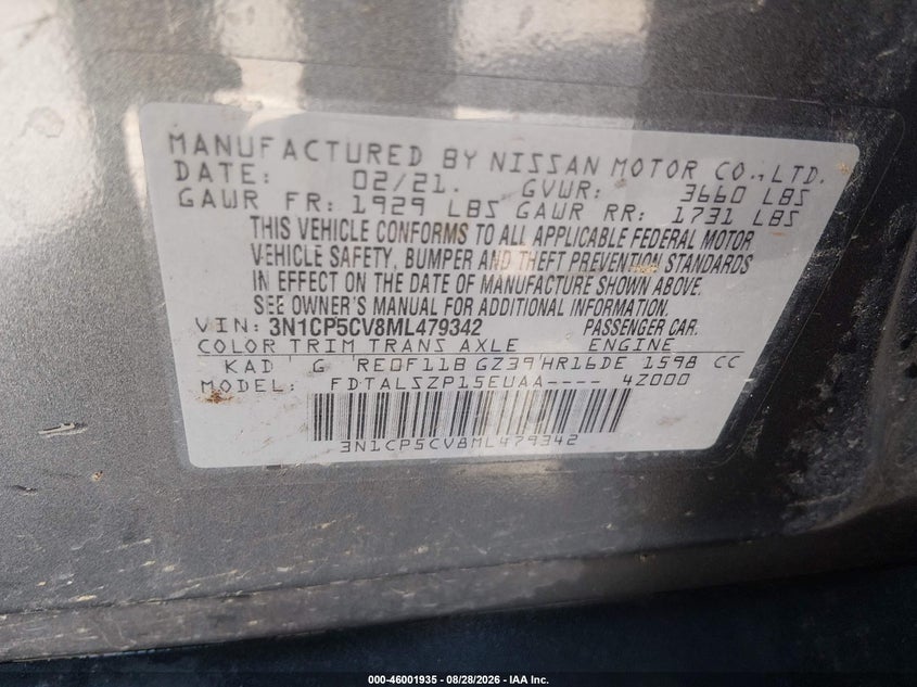 NISSAN KICKS 2021 VIN 3N1CP5CV8ML479342