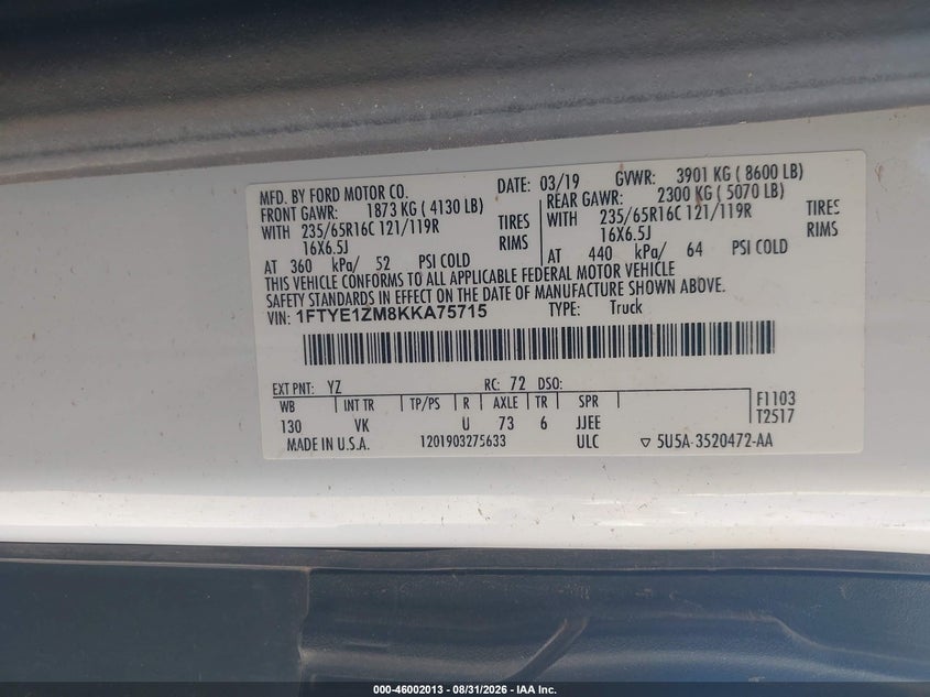 FORD TRANSIT-150 2019 VIN 1FTYE1ZM8KKA75715