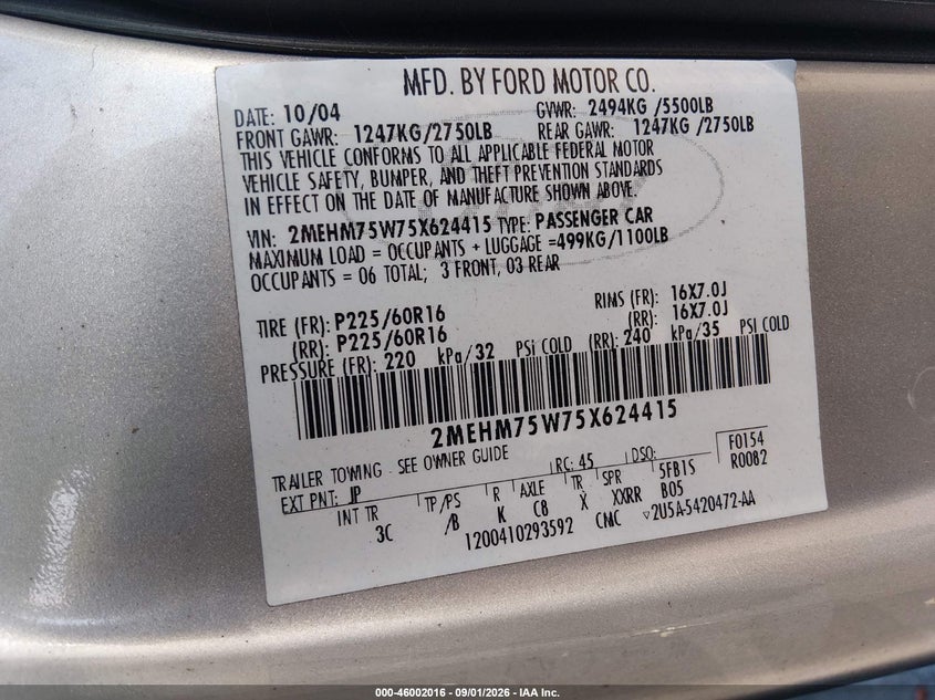 MERCURY GRAND MARQUIS 2005 VIN 2MEHM75W75X624415