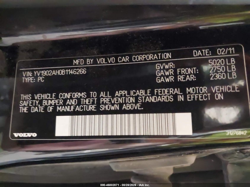 VOLVO S80 2011 VIN YV1902AH0B1146266