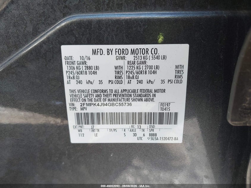 FORD EDGE 2016 VIN 2FMPK4J94GBC55736