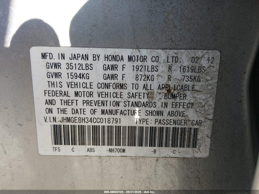 HONDA FIT 2012 VIN JHMGE8H34CC018791