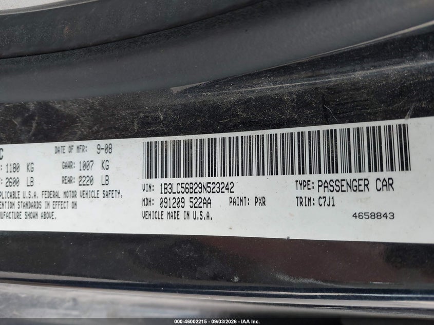 DODGE AVENGER 2009 VIN 1B3LC56B29N523242